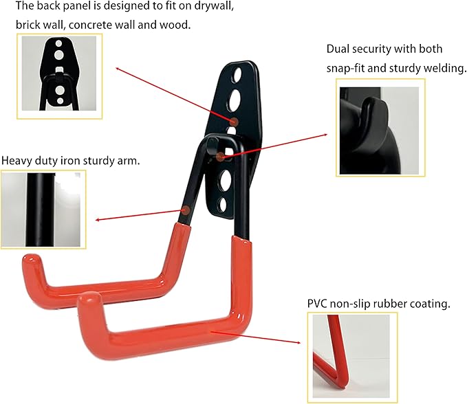 Garage Hooks Heavy Duty Wall Mounted Hooks with Anti-Slip Coating – Garage Storage Hooks for Ladders, Bikes, Tools, Bulk Items, and More – 10 Pack Tool Organizer Hooks for Garage Organization