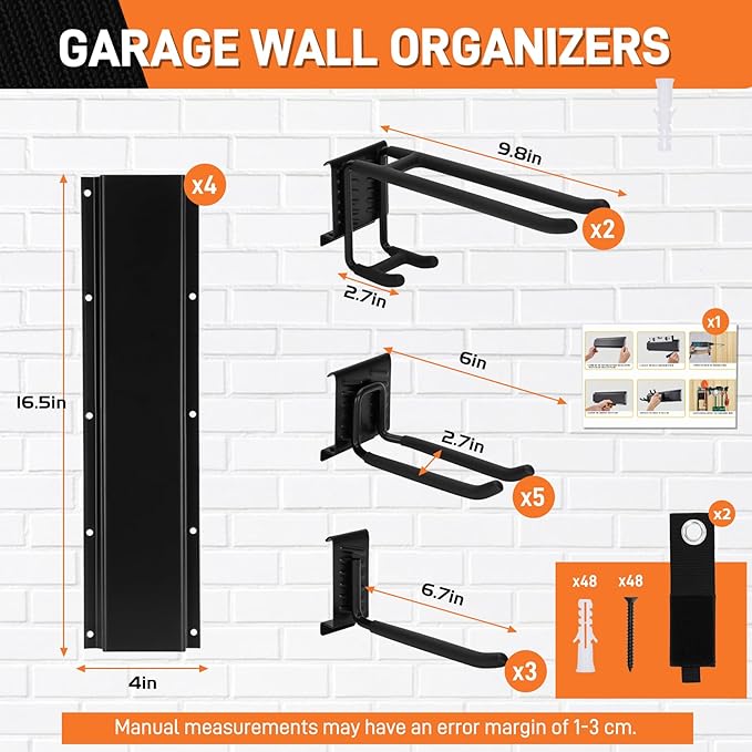 66" Garage Tool Organizer Wall Mount - 720lbs Heavy Duty Metal Rack with Adjustable Hooks, Anti-Rust Shed Storage for Shovels/Rakes/Brooms/Mowers, Efficient Garage & Garden Organization