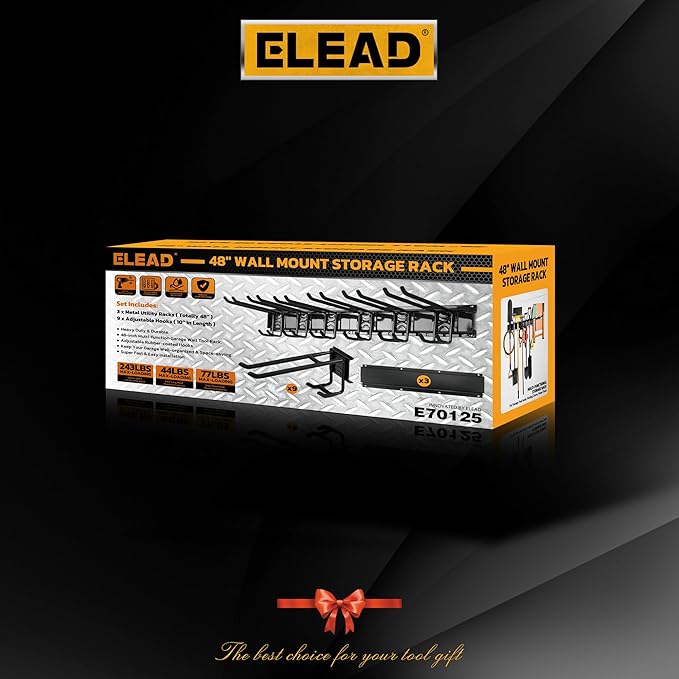 ELEAD 9-Pairs Heavy Duty Garage Tool Organizer Wall Mount Hooks, 48 Inches 730 lbs Garden Tool Organizer with Adjustable Hooks, Yard Tool Organizer for Garden, Yard, and Shed
