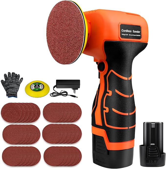 16.8V Cordless Electric Sander with 36PCS Sandpapers, 3500 RPM, 3.0Ah Battery, Lightweight & Compact Design for Wood, Metal, Paint Removal, and DIY Projects