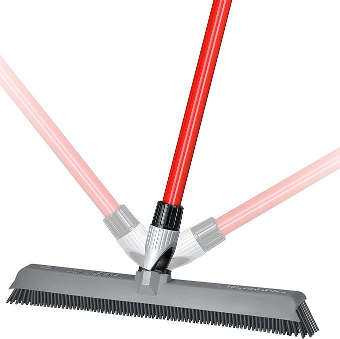 2-in-1 Silicone Rubber Broom Carpet Rake and Squeegee - Swivel Pet Hair Removal Broom with Long Handle - Slanted Side Bristles for Corners - Multipurpose Rubber Broom for Carpet, Hardwood Floor, Tile