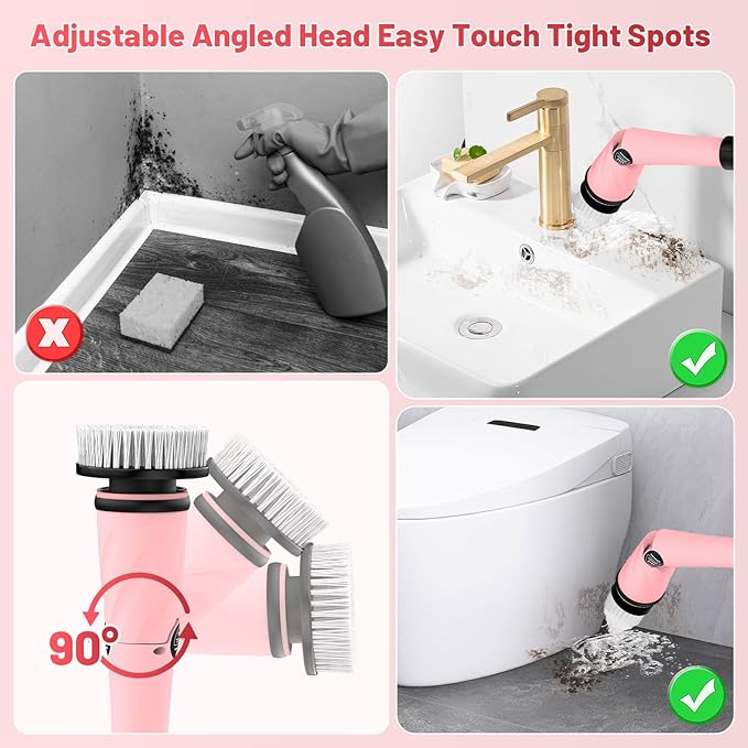 Pink Electric Spin Scrubber High Power 1200rpm, 6000 mAh Electric Scrubber for Cleaning Bathroom, Cordless Shower Scrubber Clean Brush, Floor Scrubber W/8 Brushes Tub Tile House Deep Cleaning
