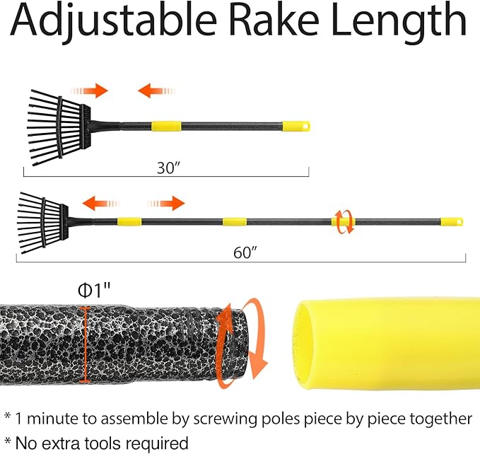 Rake, Metal Garden Leaf Rake for Leaves with 32 Gallon Lawn and Leaf Bags & Leaf Scoops, Adjustable 11 Tines 9" Wide Small Adult Kids Lawn Shrub Yard Landscape Rake Heavy Duty Long Handle 30-60