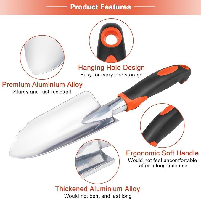 Garden Tools Set, 3 Pack Heavy Duty Gardening Tools Set Include Garden Shovel, Transplant Trowel and Hand Rake with Ergonomic Handle, Aluminum Alloy Lawn for Planting, Orange