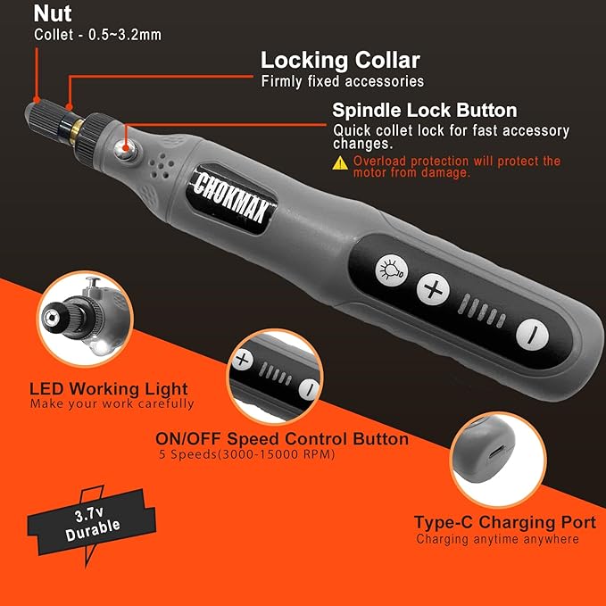 Mini Cordless Rotary Tool, 5-Speed Grinder Kit with 72 Accessories and Front LED Light, Type-C Charging Art Craft Tool for Engraving, Sanding, Polishing, Drilling, Grinding Gray