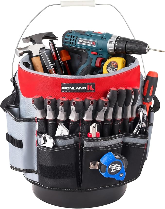 IRONLAND Bucket Tool Organizer Fit 3.5-5 Gallon Bucket, 64 Pockets, Bucket Tool Caddy Organization for Garden, Construction, Carpenter, Electrician, Builder red