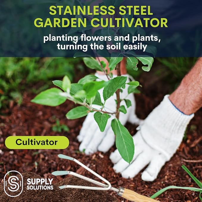 Supply Solutions Gardening Tools - Perfect Garden Tools for Women or Men - Small Heavy Duty Gardening Hand Tools with Trowel, Transplanter, Fork, Rake, and Cultivator - Ergonomic Design Gardening Kit