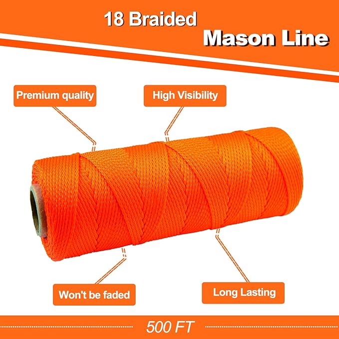 Mason Line, 500Ft, #18 Braided Nylon String, Nylon Twine for Gardening Or Masonry Tools, Twine String for Gardening and DIY Projects Crafting