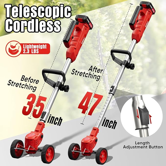 SHALL 24V Cordless Weed Wacker, 3-in-1 Electric Weed Eater Grass String Trimmer Edger, Telescopic Brush Cutter, 2 x 1.5Ah Battery Powered Lawn Mower with 3 Types Blades & Wheels for Yard Garden