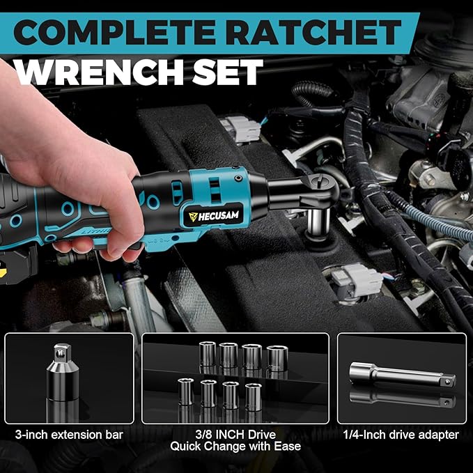 74 Ft-lbs 21V Cordless Ratchet Wrench Set, 3/8" Electric Ratchet, 800 RPM Power Brushless Motor with LED Light, 8 Laser Sockets, 1/4" Adapter, 3" Extension Bar, 2x2.0Ah Batteries