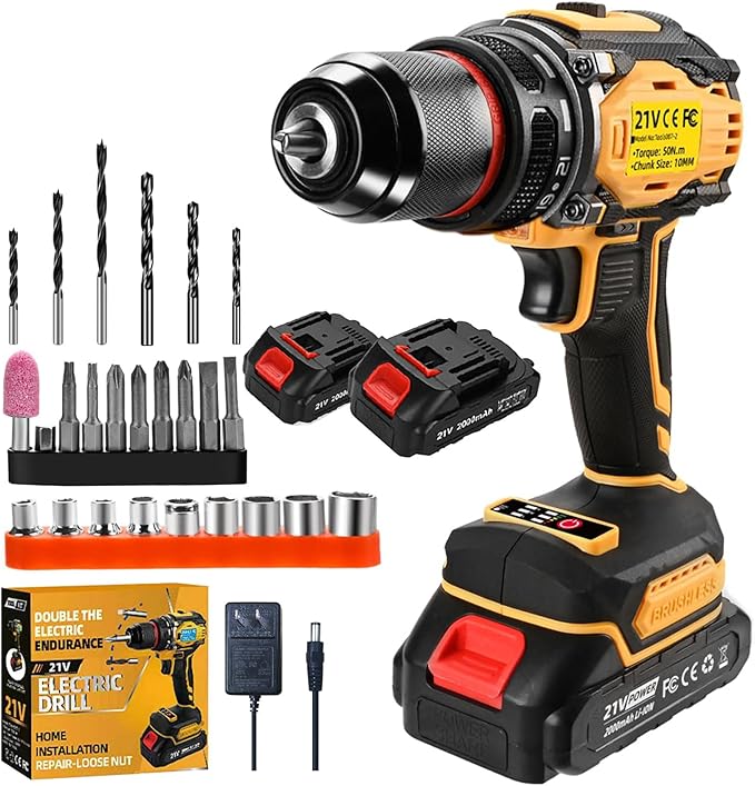 21V Cordless Power Drill/Driver Set, 2 Variable Speeds with LED Light, 3/8" Keyless Chuck, 2 Batteries & Charger, 28-Piece Kit for Home Use(Yellow)