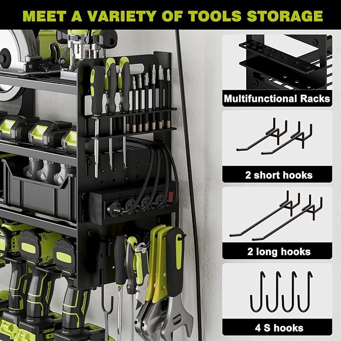 12 Cordless Drill Holder Large Power Tool Organizer Wall Mount with Side Pegboard & Screwdriver Holder, 4-Tier Heavy Duty Metal Tool Storage Rack with 4-Outlet Power Strip