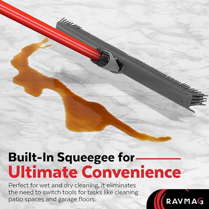 2-in-1 Silicone Rubber Broom Carpet Rake and Squeegee - Swivel Pet Hair Removal Broom with 1 Piece Long Handle - Slanted Side Bristles for Corners - Multipurpose Broom for Carpet, Hardwood Floor, Tile