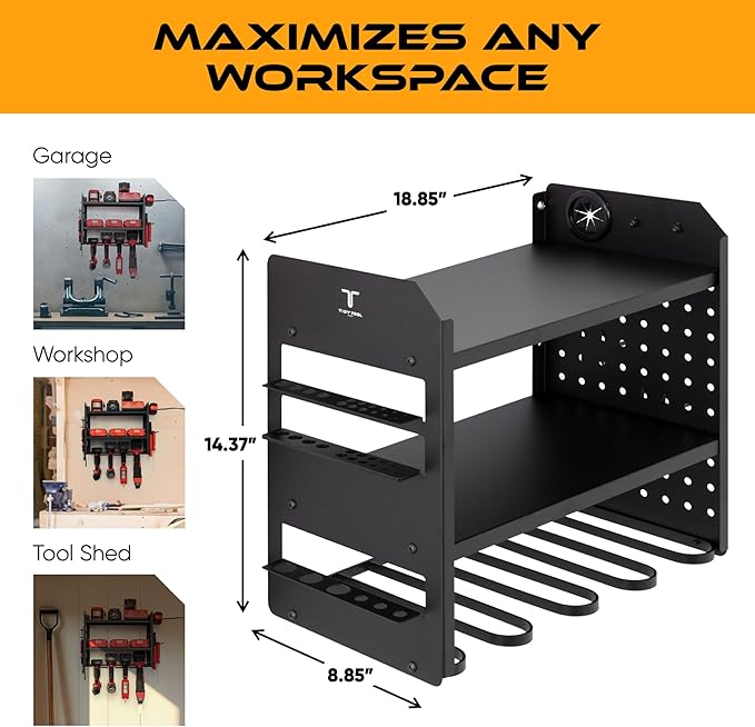 Power Tool Organizer - Wall Mount Storage for Garage Organizes 4 Cordless Drills & Tools - Heavy Duty Rack w Pegboard Sides Shelves & Hooks - Neatly Holds Screwdrivers & Drill Bits BLACK/BLACK