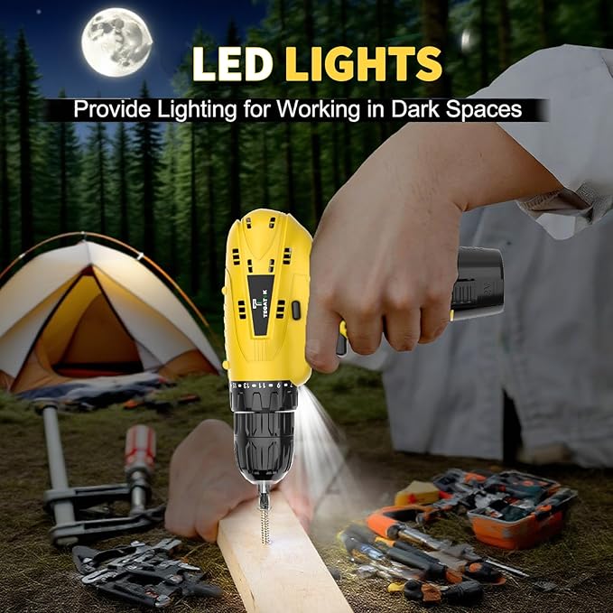 Tegatok Cordless Drill Set,12V Power Drill Set with Battery and Charger, Electric Driver Drills Bits, 3/8'' Keyless Chuck,18+1 Torque Setting with LED Electric Drills Set, Yellow