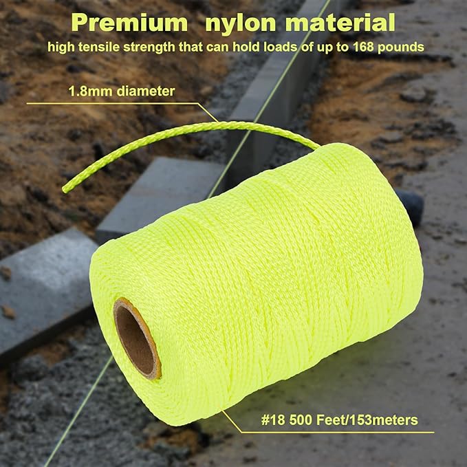 6 Roll Mason Line String Line - #18 Braided Nylon String - 500 Ft Length - Nylon with Reloadable Line Reel Twine for Gardening Or Masonry Tools - Perfect Construction String (Yellow)