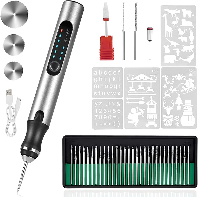 Electric Engraving Pen with 37 Bits, USB Rechargeable Cordless Engraving Machine, Portable DIY Rotary Engraver for Jewelry Wood Glass Stone Carving (Silver)