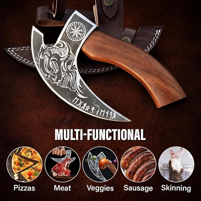 Multipurpose Viking Pizza Axe with Sheath, Viking Butcher Axes, Cutter - Burned Wood Handle & Heavy Duty Skull Head - Perfect for Cutting Pizza, Meat, Vegetables(Skull)