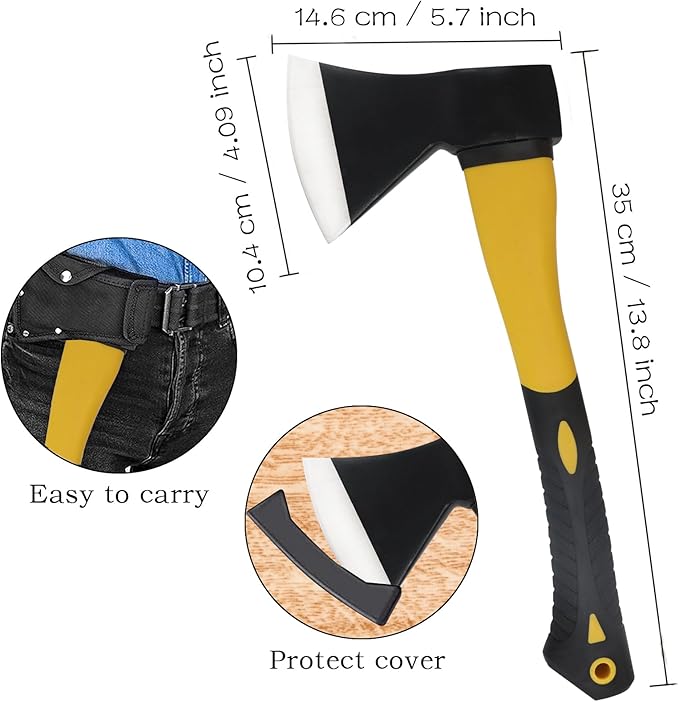 Wood Axe With Sheath - Camping Hatchet for Chopping and Splitting, Outdoor Bushcraft Tool for Hiking, Gardening, Throwing - Anti-Slip Handle (Yellow)