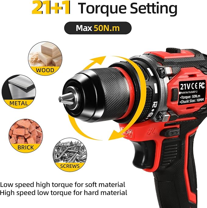21V Cordless Power Drill/Driver Set, 2 Variable Speeds with LED Light, 3/8" Keyless Chuck, 2 Batteries & Charger, 28-Piece Kit for Home Use(Red)