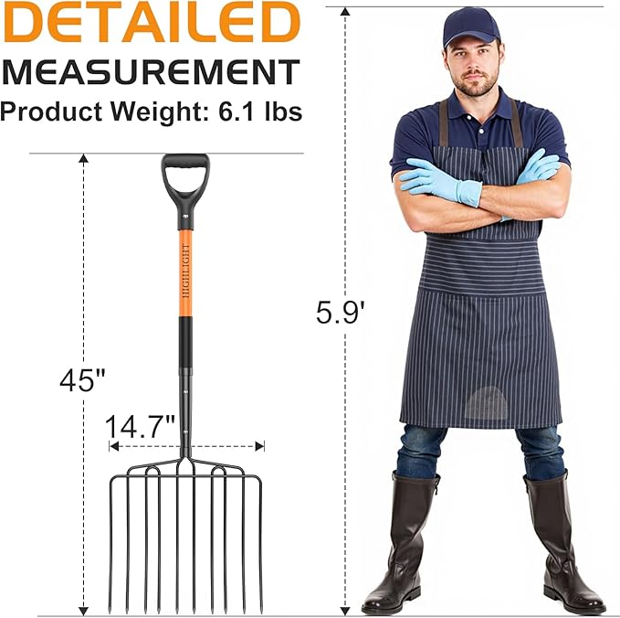 HIGHLIGHT Pitch Fork for Gardening,10 Tines Wide Pitch Fork with Fiberglass Handle, Heavy Duty Pitch Fork for Manure/Bedding/Haystack, 45 Inches