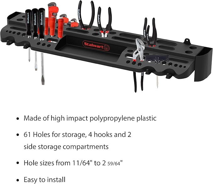 Tool Storage Shelf Wall Mount Utility Shelf Organizer Rack Has 61 Slots, 4 Hooks, 2 Compartments Garage Shelving and Tool Organizers by Stalwart
