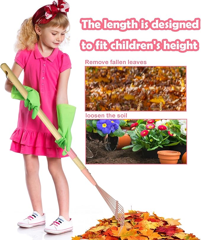 Kids Leaf Rake-Small Wooden Handle Leaf Rake with Metal Tines, 27inches /69cm Length, for Kids Enjoy Garden Cleaning Activities (Pink)