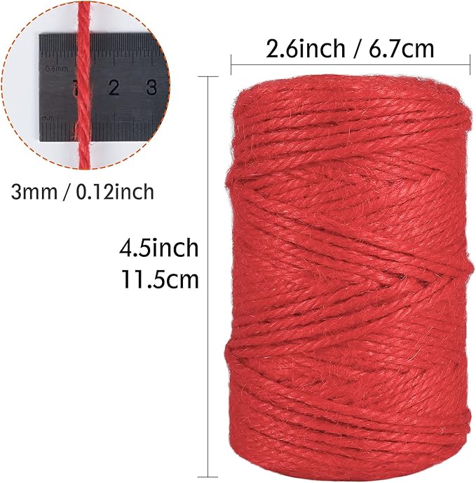 328 Feet 3mm Thick Natural Jute Twine, 3Ply Red Twine Roll Heavy Duty Packing Materials String for Crafts, Chistmas Gift Wrapping and Gardening