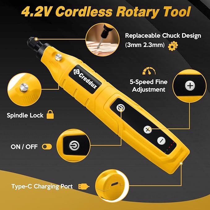 Cordless Rotary Tool,5 Speed Rotary Tool Kit With 71 Accessories,USB Charging,Multi-Purpose 4.2v Power Rotary Tools Easy Accessory Changes - Sanding, Polishing, Engraving and Cutting Yellow