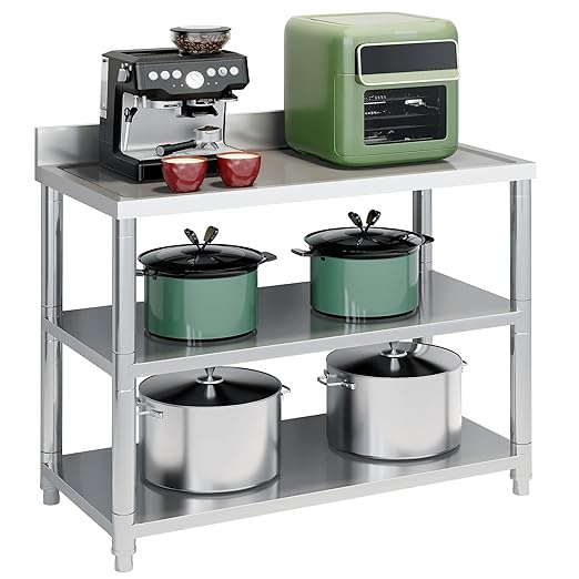 Heavy Duty Free Standing Stainless-Steel Commercial Restaurant Kitchen Work Table, Prep & Utility Workbench with Double Storage Shelves Rack Indoor Outdoor (39.3in)