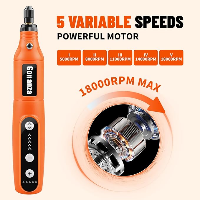 GONANZA Mini Cordless Rotary Tool Kit - 5-Speed, 3.7V Power Supply with LED Light 62 Accessories for Engraving, Sanding, Polishing, Type-C Rechargeable Perfect for DIY Crafts and Precision Work