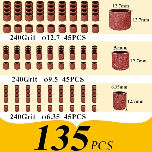 Asieg Tool Sanding Drum Kit 142Pcs 240Grit, 1/2" & 3/8" & 1/4" Diameter Drum Sanding Band with 3.17mm Shank Mandrels for Drill Dremel Rotary Tools Nails Drill