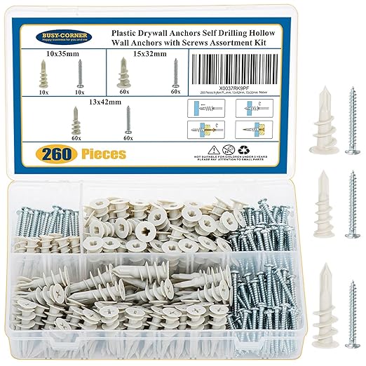260 PCS Self Drilling Drywall Anchors, 3 Sizes Nylon Plastic Wall Anchors with Screws for Drywall, No Pre Drill Hole Preparation Required, 10x35mm, 13x42mm, 15x32mm