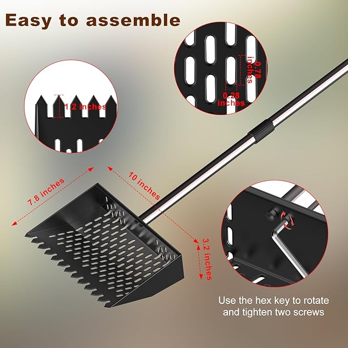 Metal Chicken Poop Scooper & Rake Scoop 10" Metal Chicken Coop Rake with Assistanted Handle Grip Heavy Duty Scoop Tool Adjustable Long Handle (36 to 62") for Coops Farm Animals