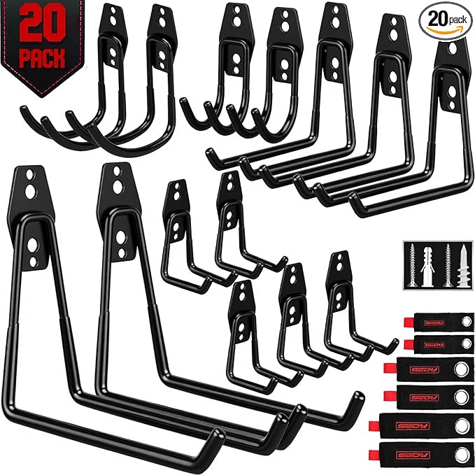 20 Pack Heavy Duty Garage Storage Hooks with Extension Cord Organizer, Solid Steel Wall Mount Hook Set with Anti-Slip Coating Utility J Hooks for Ladders,Bikes,Ropes,Broom,Garden,Yard and Power Tools