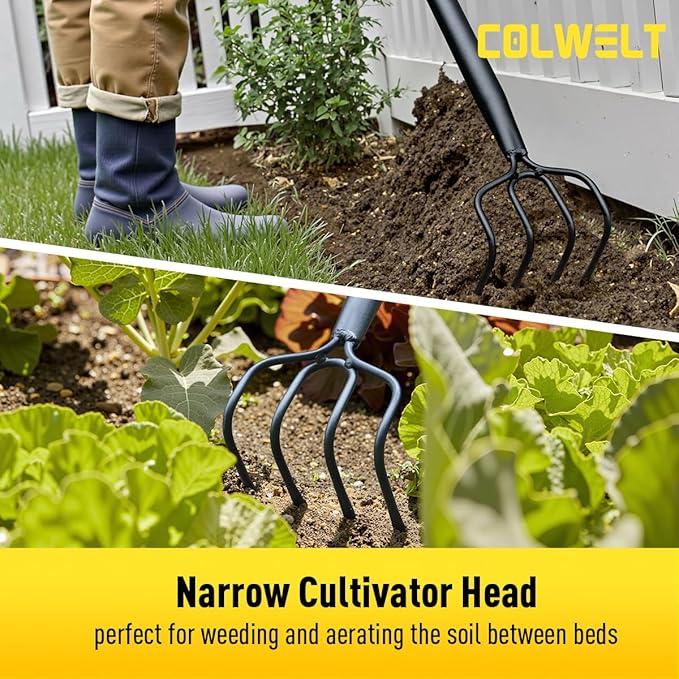 Colwelt 4 Tines Garden Cultivator Rake 59'', Hand Tiller Garden Tool with Sharp Forged Steel Head, Cultivators for Gardening with Long Handle, Garden Tiller for Digging Loosening Weeding