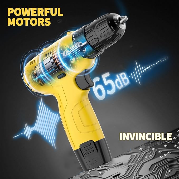 Tegatok Cordless Drill Set,12V Power Drill Set with Battery and Charger, Electric Driver Drills Bits, 3/8'' Keyless Chuck,18+1 Torque Setting with LED Electric Drills Set, Yellow