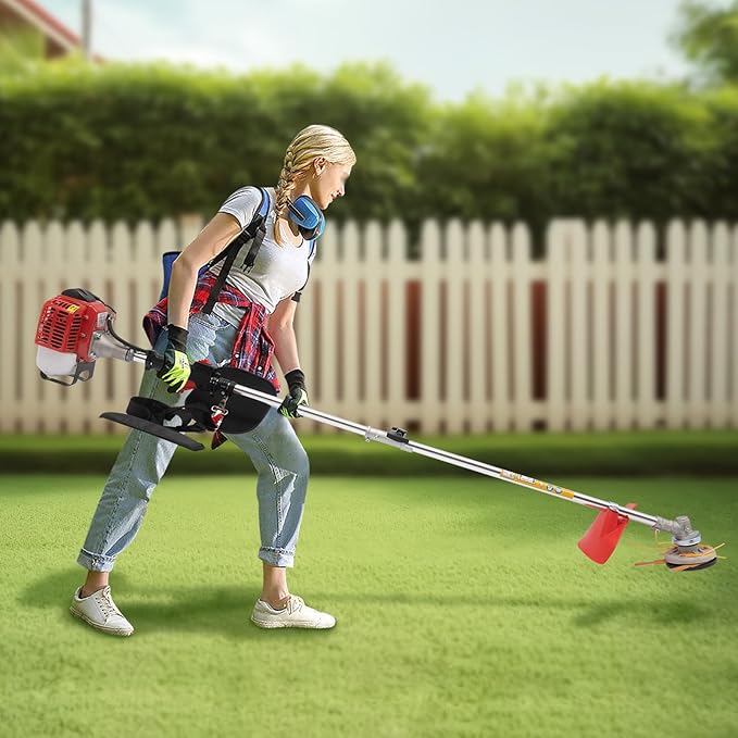 26cc 2-Stroke Gas Weed Trimmer, Air-Cooled 2-Stroke Cordless Lawn Edger Gas String Trimmer with Handle & Shoulder for Lawn & Edging (2 Blade Heads)