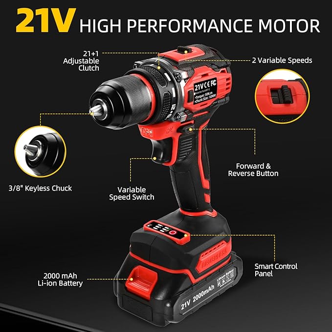 21V Cordless Power Drill/Driver Set, 2 Variable Speeds with LED Light, 3/8" Keyless Chuck, 2 Batteries & Charger, 28-Piece Kit for Home Use(Red)
