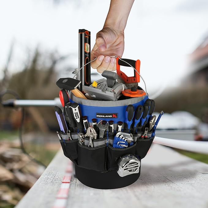 IRONLAND Bucket Tool Organizer Fit 3.5-5 Gallon Bucket, 51 Pockets, Bucket Tool Caddy Organization for Garden, Construction, Carpenter, Electrician, Builder Blue & Black