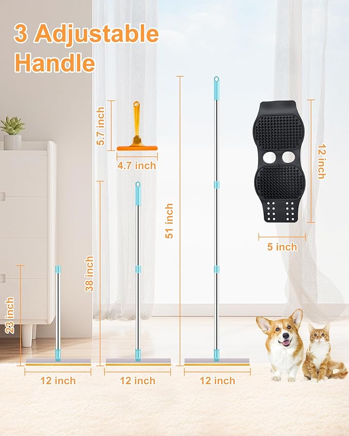 3 in 1 Carpet Rake for Pet Hair Removal Tool, 51” Adjustable Long Handle Pet Hair Removal Broom, Pet Grooming Brush, Cat Dog Hair Remover Carpet Scraper for Rugs, Mats