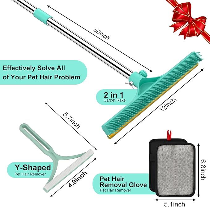 Carpet Rake for Pet Hair Removal - 60" Adjustable Long Handle Carpet Rake, 3 in 1 Reusable Pet Hair Removal Tool Kit, Cat Dog Fur Rakes Scraper Carpet Broom for Carpets, Rugs, Mats