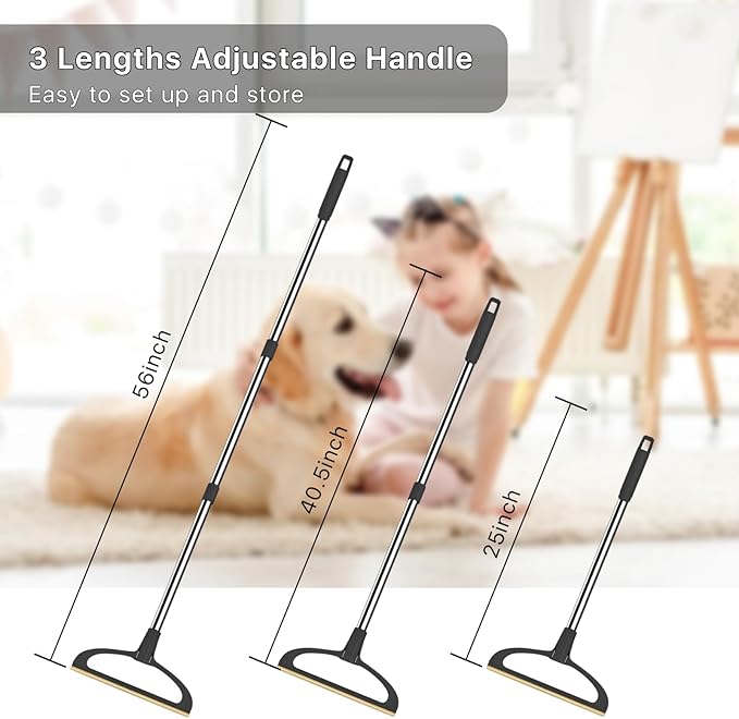 2 in 1 Carpet Rake for Pet Hair Removal,Reusable Pet Hair Removal Broom - 56” Adjustable Long Handle Cat Dog Hair Remover Carpet Scraper for Rugs, Mats, Couch, Bed
