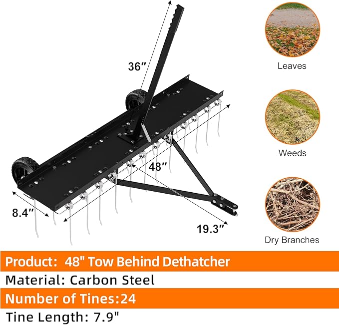 48" Tow Behind Lawn Dethatcher, Pull Behind Rake with 24 Rust-Proof Tines and Heavy Tires, Lawn Tractor Rake with Lift Handle, Black Tow Behind Rakes to Remove Thatch, Leaves from Large Lawn Area