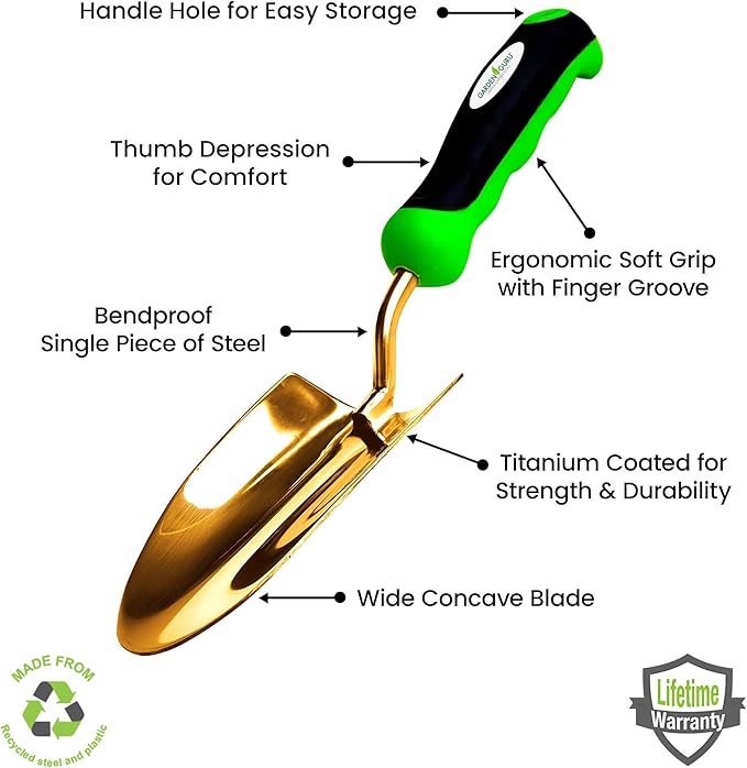 Garden Guru Super Strong Titanium Garden Trowel Hand Shovel - Rust Resistant - Ergonomic Handle - Perfect Tool for Gardening, Weeding, Transplanting and Digging in Garden Beds