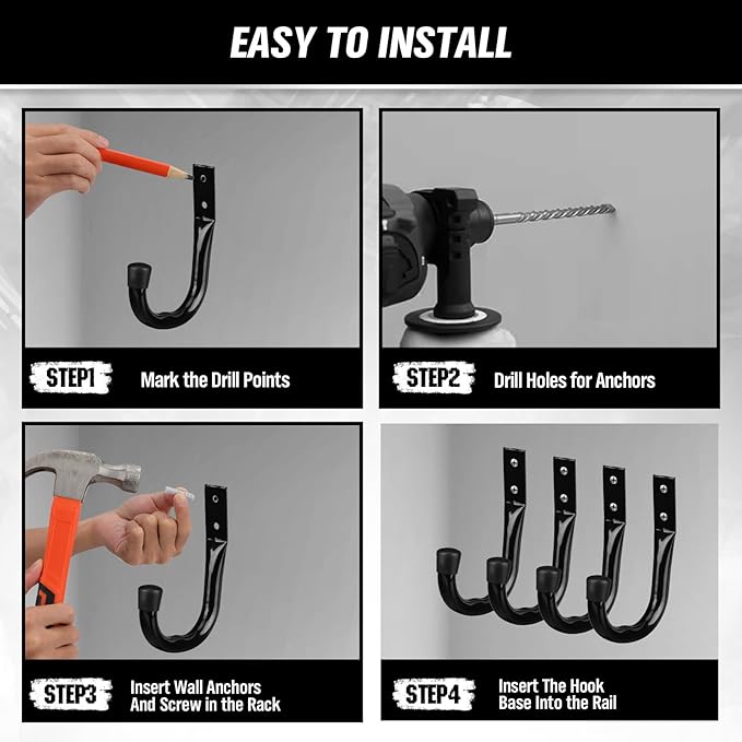 Heavy Duty Garage Storage Hooks, 12-piece Bike Hooks for Garage Wall, Utility Garage Hooks, Wall Mount J Hook for Hanging, Large Metal Storage Organizer Tool, Extension Cord Hanger
