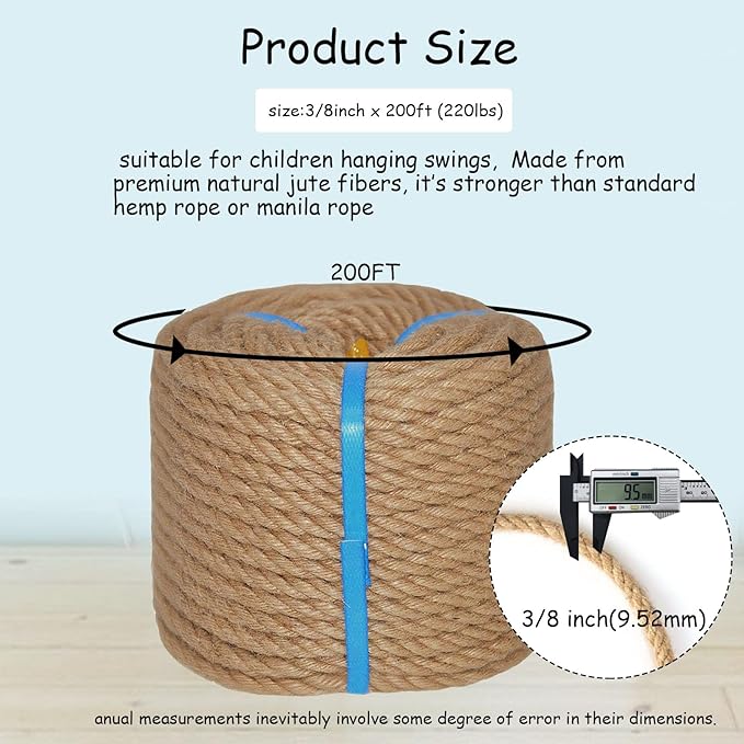Natural Jute Rope Hemp Rope (3/8 in x 200 ft) Strong Jute Twine for Crafts Cat Scratch Post Hammock Decorating