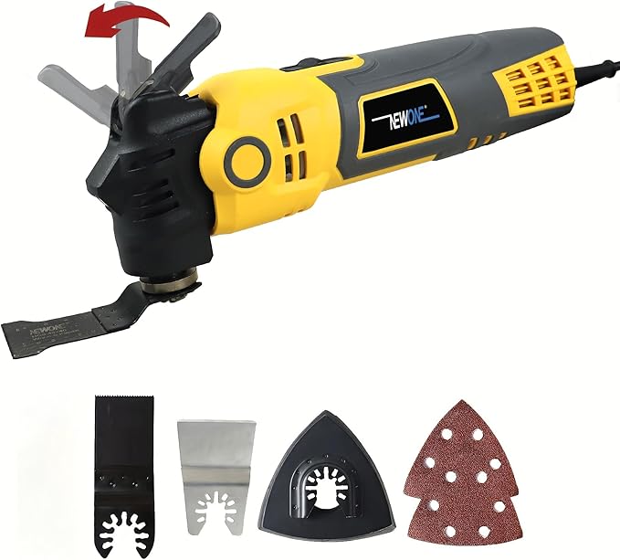 NEWONE Anti-vibration Oscillating Tool 4 Amp Oscillating Multi-Tool Kit with 4° Oscillation Angle,6 Variable Speed with 5-piece Electric Multitool Blades (Yellow Black)