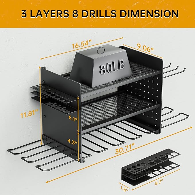 Power Tool Organizer Wall Mount, 3 Layer 8 Drill Holder Tool Shelf Storage Rack for Garage Organization, Birthday Gifts for Him Men Dad Husband Anniversary Fathers Day, Cool Gadget Stocking Stuffer