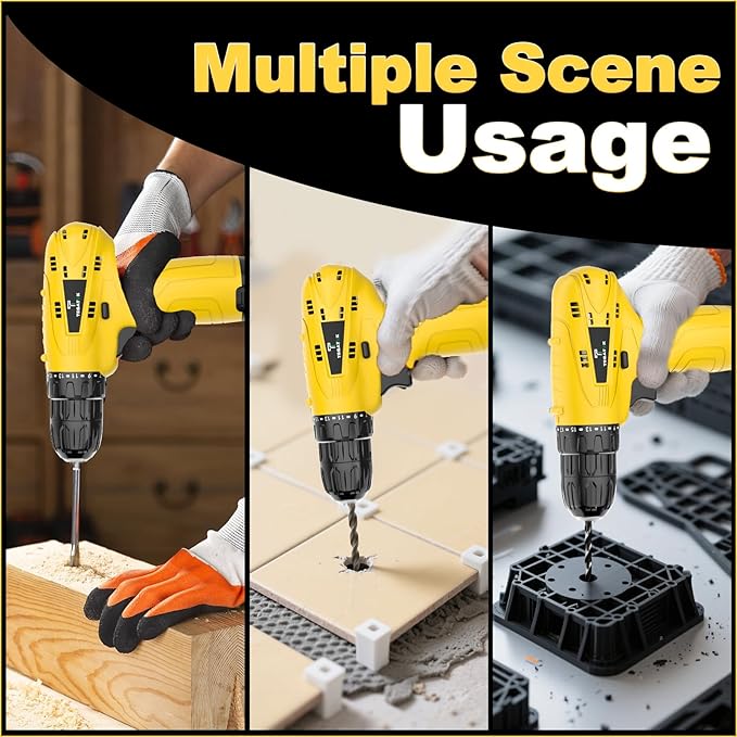 Tegatok Cordless Drill Set,12V Power Drill Set with Battery and Charger, Electric Driver Drills Bits, 3/8'' Keyless Chuck,18+1 Torque Setting with LED Electric Drills Set, Yellow